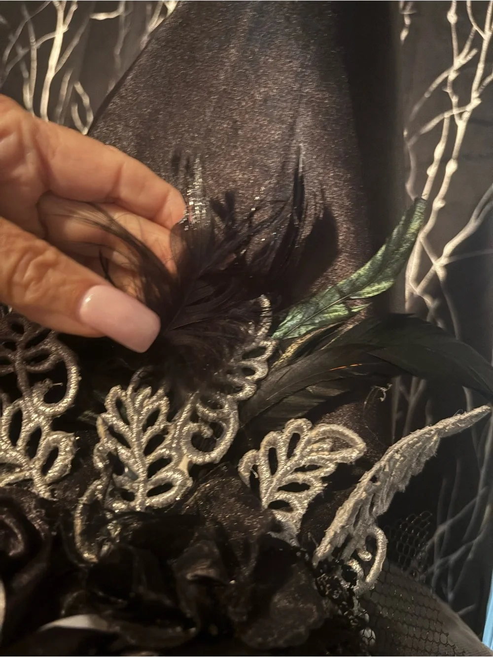 Elegant Black Witch Hat with Veil and Floral Accents unique embellishments